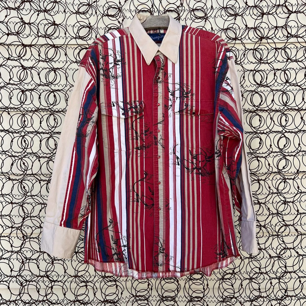 Vintage 90s Wrangler Bull Rodeo Stripe Maroon Tan Long Sleeve Pearl Snap Shirt